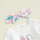 Adorable Baby Girl Easter Outfits with Cute Bunny Print Long Sleeve Romper Flare Pants and Matching Headband - 3 Piece Set