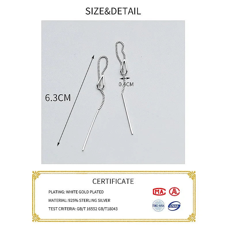 INZATT 925 Sterling Silver 6.3cm Long Tassel Chain Sticker Bar Dangle Drop Earrings For Women Fashion Jewelry Wedding Gift