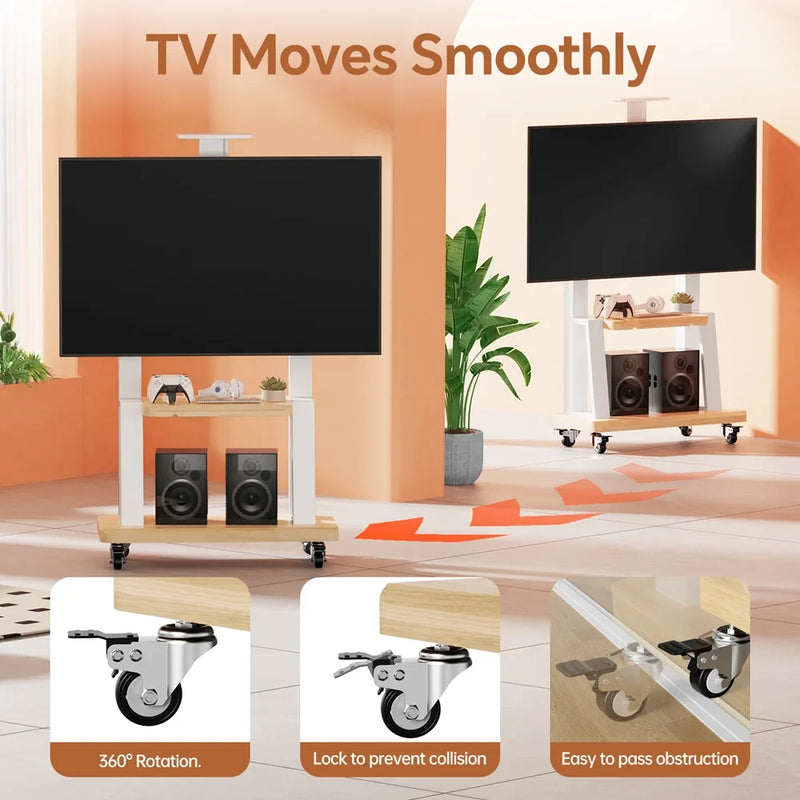 Mobile TV Cart for 32-75 Inch Screens, Movable Rolling Floor TV Stand with Shelf Locking Wheel, Height Ajustable Heavy-Duty