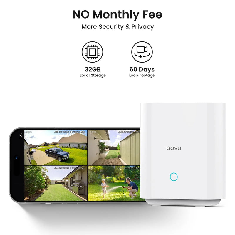 AOSU 3MP Solar Battery Camera System 4 Cams Kit Wireless 360° PTZ Surveillance Wifi Camera Set Include Home Base Support Alex