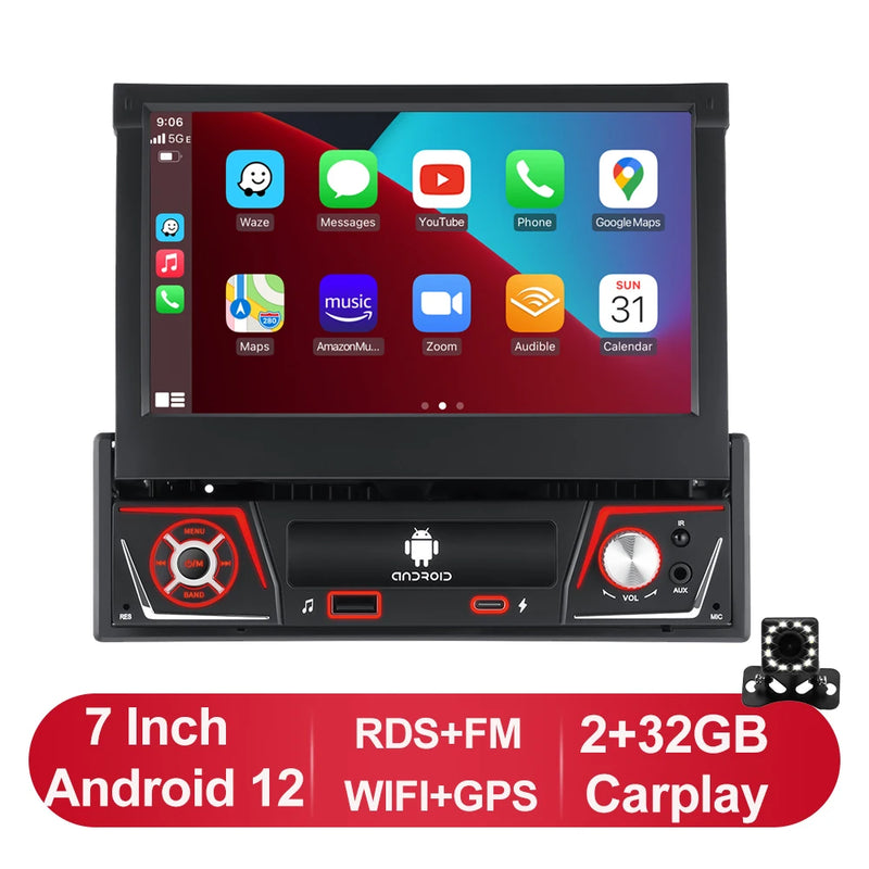 1 din Car Radio Android Carplay Auto Universal 7" IPS Retractable Screen gps Navigation 1Din Android 12 Multimedia Video Player