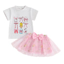 Adorable Toddler Girl Easter Outfit with Bunny Print Short Sleeve Crew Neck Tops and Double Layered Tulle Bow Skirt - 2 Piece