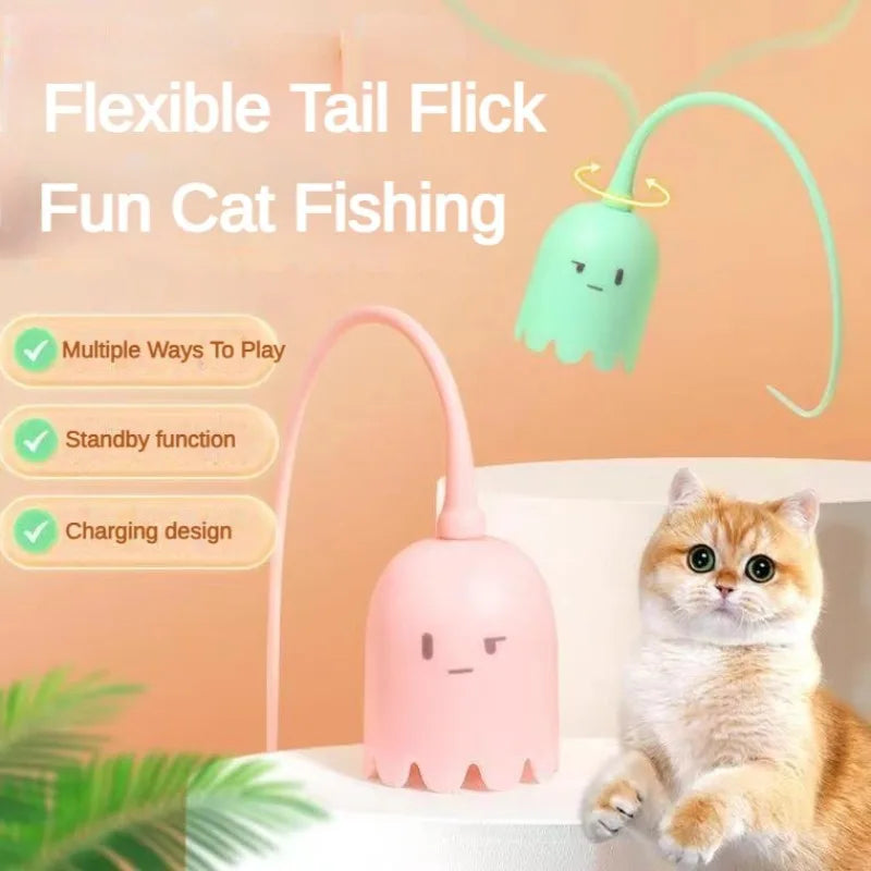 Intelligent Interactive Cat Toy USB Electric Rolling Ball Toy Cat Pet Silicone Rotating Imitation Mouse Tail Kitten Tease Stick