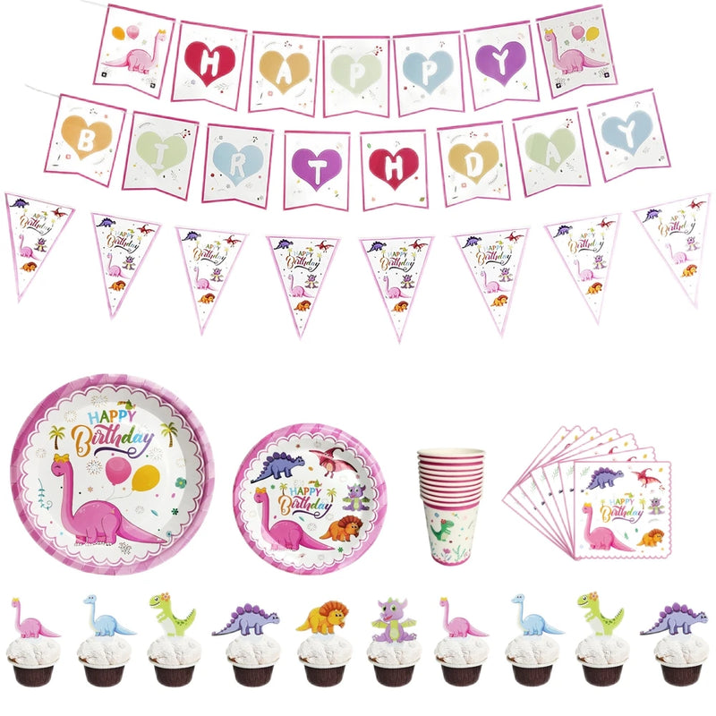 Cartoon Pink Dinosaur Birthday Party Decorations Disposable Tableware Plate Cup 3D Dinosaur Balloon for Girls Baby Toys Supplies