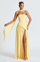 The Aurelian | Butter Yellow Mesh Strapless Pleated Evening Gown