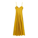 HH 2025 Women Red V-Neck Holiday Style Satin Texture Long Dress Sleeveless Summer Women's Back Zipper Fashion Sling Dresses