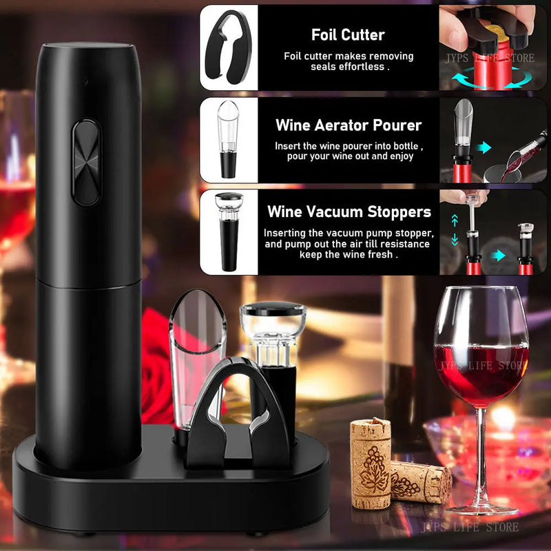 Electric Wine Opener Set with Charging Base Automatic Corkscrew with Aerator Pourer and Foil Cutter for Kitchen Bar Party Gifts