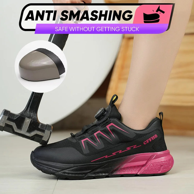 Women's safety shoes with steel toe caps, anti smashing and anti puncture rotating buttons, no tie up, hot selling shoes