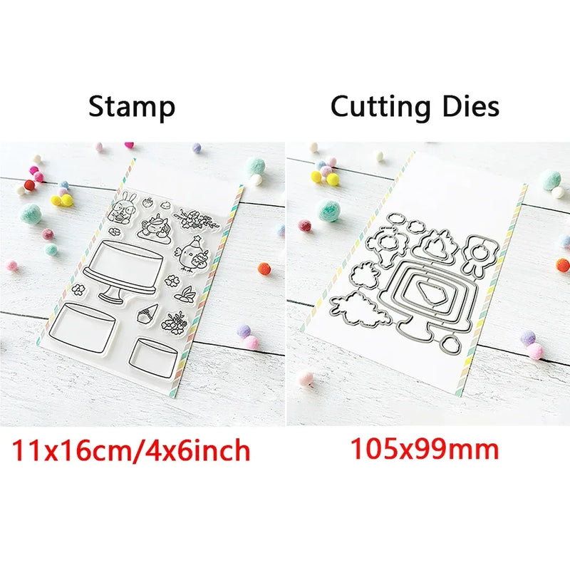 Birthday Cake Cute Frog Fox Animals Cutting Dies and Clear Stamps Bottle Thank You Words Dies For DIY Scrarpbooking Paper Craft