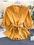 Women's Temperament Shirt Summer Design Ruffles Lace Up Waist Wild Shirt Tide Solid V-Neck Three Quarter Shirts Top ML673