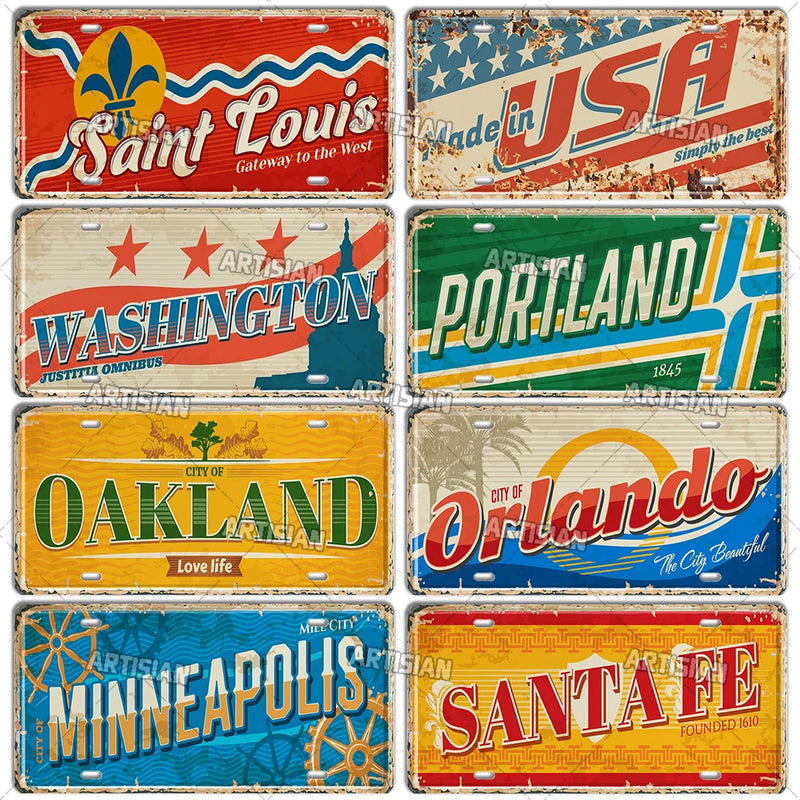 Artisian USA License Plate Landmark Tin Plaque US City State Metal Sign Wall Decor Garage Bar Pub Club Hotel Cafe Kitchen Home