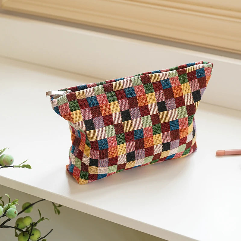 Colorful Checkered Women's Makeup Bag Large Capacity Makeup Lipstick Storage Bag Portable Travel Toiletry Bag Commuter Clutch