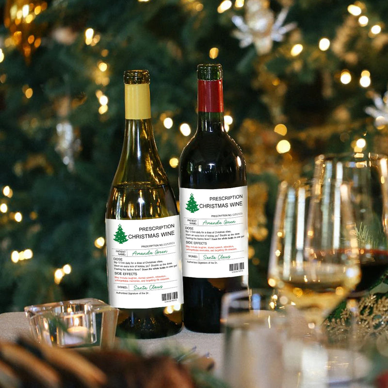 6pcs Hilarious Prescription Wine Labels,Festive Christmas Tree Design,Novelty Wine Bottle Stickers for Birthday,Anniversary Gift