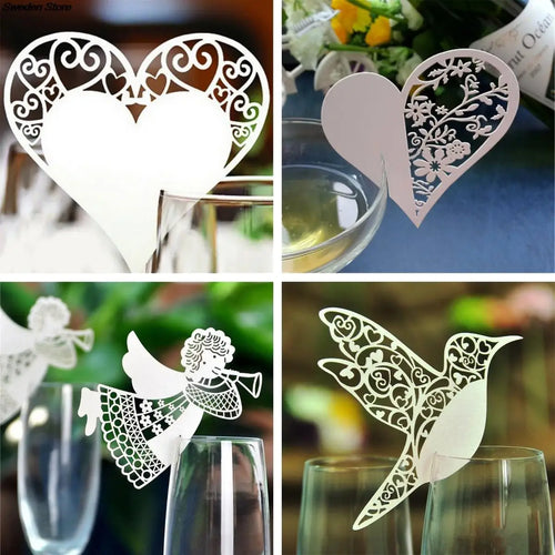 50 Stk./Set Hochzeitstischdeko Platzkarten Lasergeschnittene Vogel Herz Blumen Weinflaschen-Platzkarten für Partydekoration