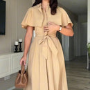 The Overcast Line | Belted Trench Midi Dress with Cape Overlay