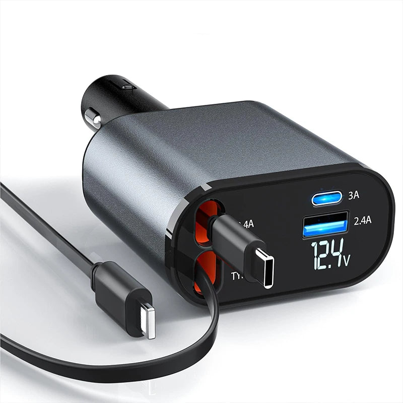 120W Retractable Car Charger 4 in 1 Car Fast Charger For IPhone Samsung USB Type C Cable Fast Cord Cigarette Lighter Adapter