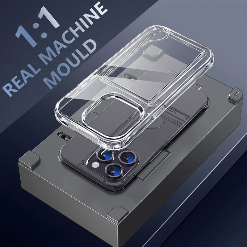 Transparent Dual Card Slots Bag Holder Case For iPhone 14 15 Pro Max 13 12 11 XR XS 8 7 Plus Clear Shockproof Soft Wallet Cover
