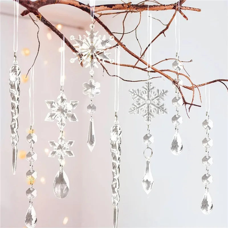 Camal 10Pcs/Sets Acrylic Clear Christmas Snowflake Pendants Ice Strip Transparent Ice Edge Christmas Tree Decoration Hanging DIY