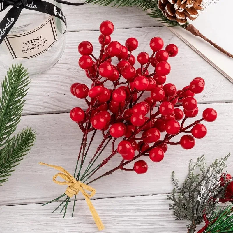 Wholesale Artificial Red Berries Stem Christmas Red Holly Berry Stamen Fake Flowers Plants Ornaments New Year Party Home Decor