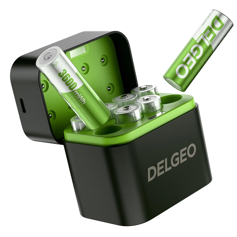 Delgeo AA Rechargeable lithium Battery 1.5V with Charging Case 3600mWh Large Capacity Compatiable for Camera, Gamepad, GPS, Toys
