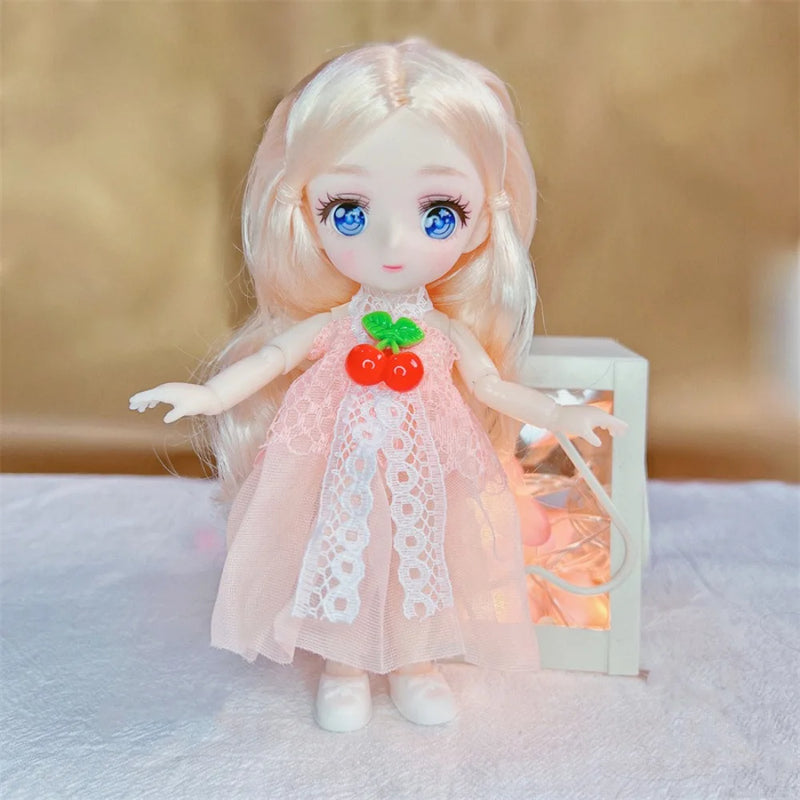 1/8 16CM BJD Doll Ball Jointed Body Anime Eyes Cute Madeup Full Set With Fashion Clothes Headdress DIY Toys For Girl Gift