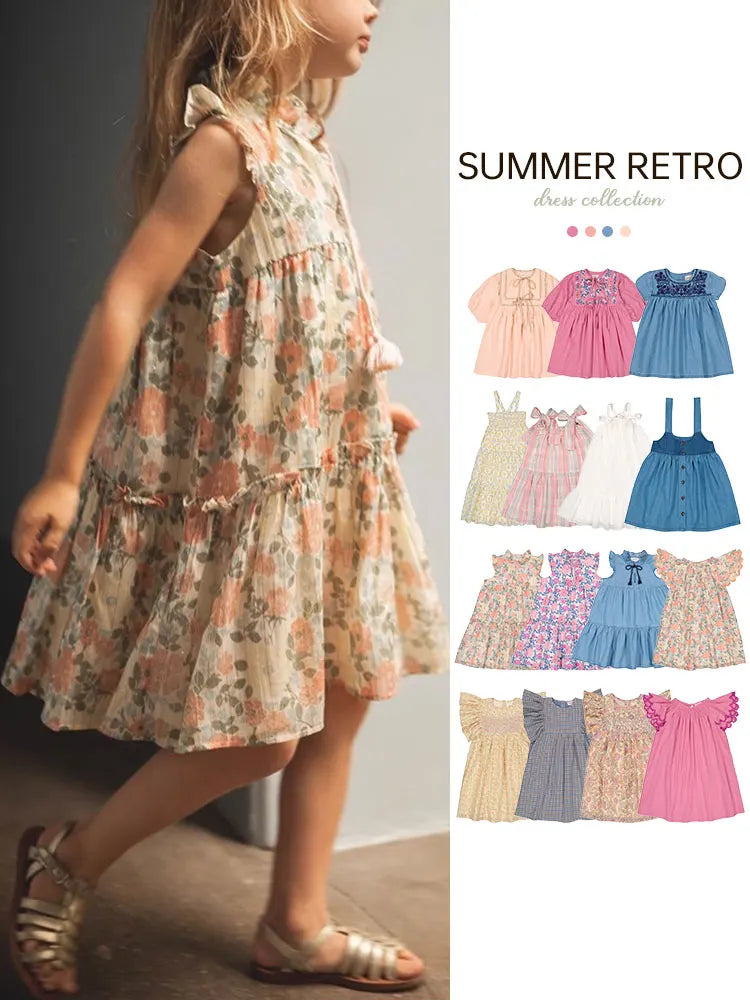 NEW 2024 Lou Children's Dress Summer Baby Girls Pastoral Style Floral Lapel Sleeveless Dress Girls Retro Embroidered Long Skirt