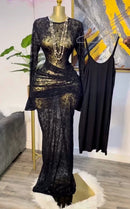 CM.YAYA 2025 Fall Women Long Sleeve Stacked Mesh See Though with Lining Bodycon Long Dress Evening Birthday Sexy Party Dresses