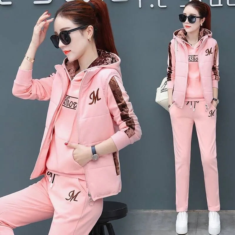 2023 Autumn Winter New Women's Casual Sweat Suit Fashion Plush Thickened Hooded Tops Waistcoat Pants 3 Three Piece Set For Women