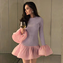 TARUXY Knitted Mini Dress Female Long Sleeves Gown Flare Sleeves Spliced Autumn Winter Dress A-Line Sweet Bodycon Women Clothes