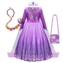Girl Elsa Dress Princess Cosplay Purple Sequins Mesh Halloween Long Sleeves Ball Gown Birthday Party Carnival Costume