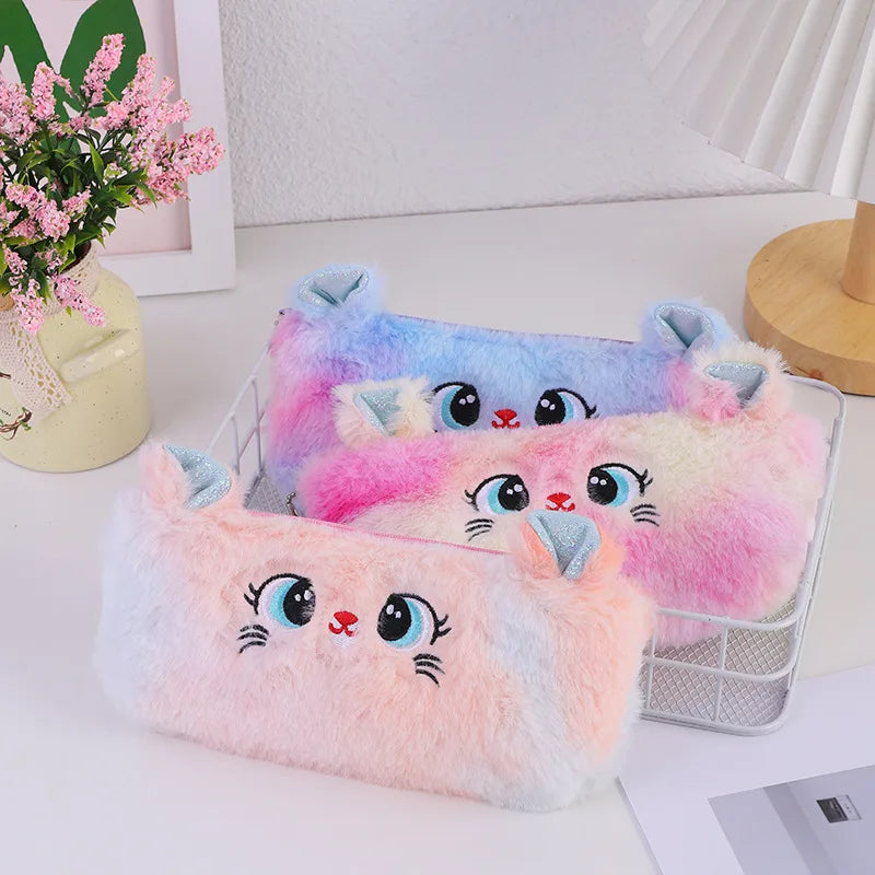 Cute Rainbow Gradient Color Cartoon Cat Plush Pen Bag Large Capacity Pencil Case Girl Stationery Storage Back To School Supplie