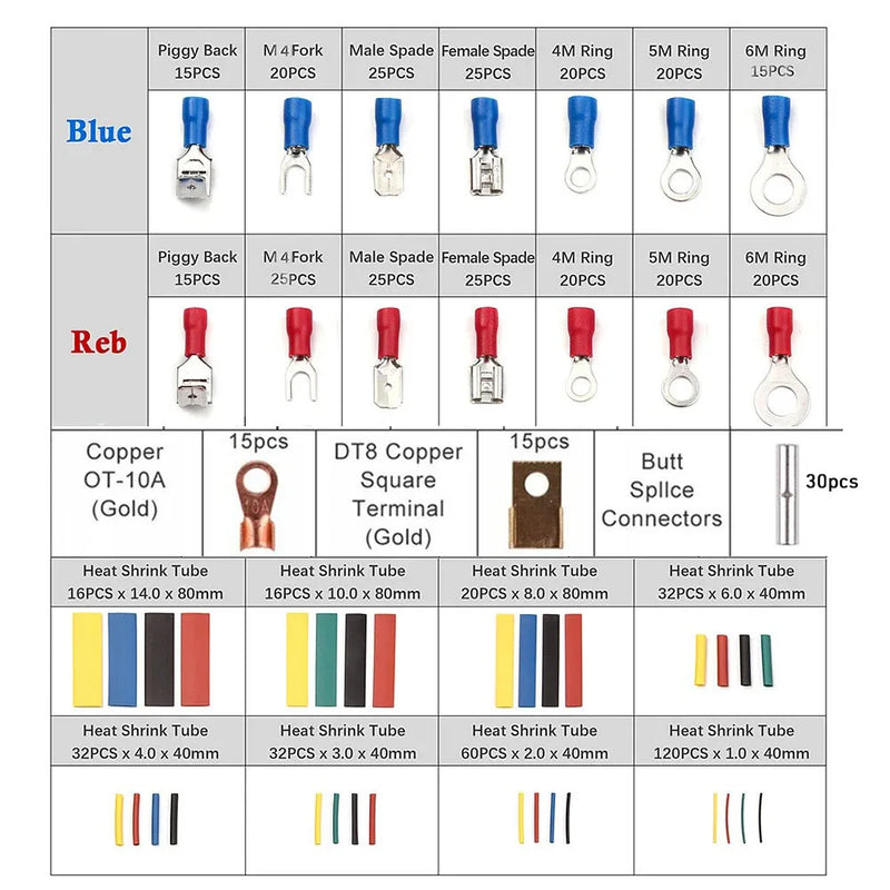 280/678PCS Heat Shrink Tube Sleeving Set Car Electrical Wire Terminals Insulated Crimp Connectors Spade Set Kit with Pliers