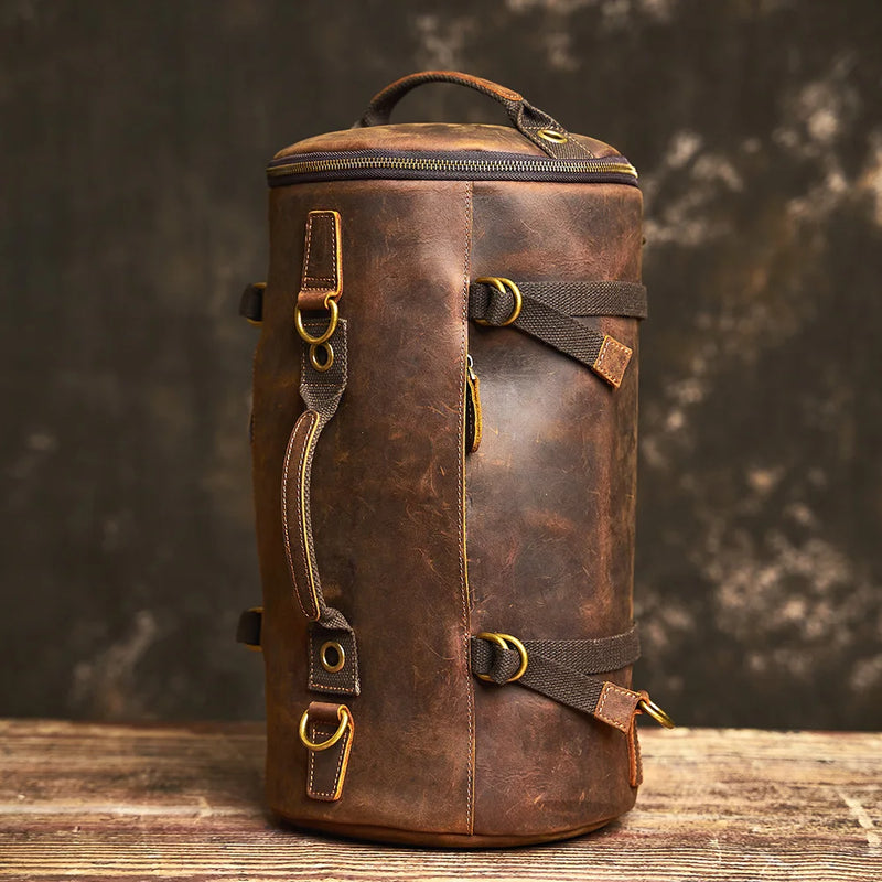 NUPUGOO Multifunctional Men's Backpack Genuine Leather Vintage Handbag  Crossbod Personalizationy  Cylinder Bag