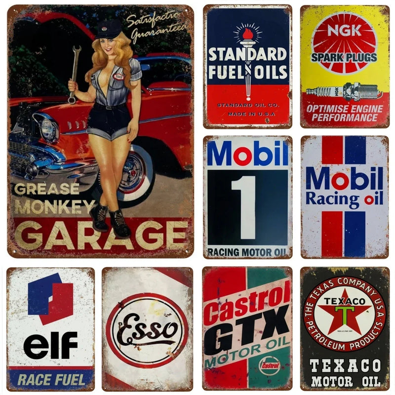 Vintage Motorcycle Oil Gasoline Metal Tin Signs Gulf Esso Agip Man Cave Club Plate Motor Garage Wall Stickers Gas Decor Plaque