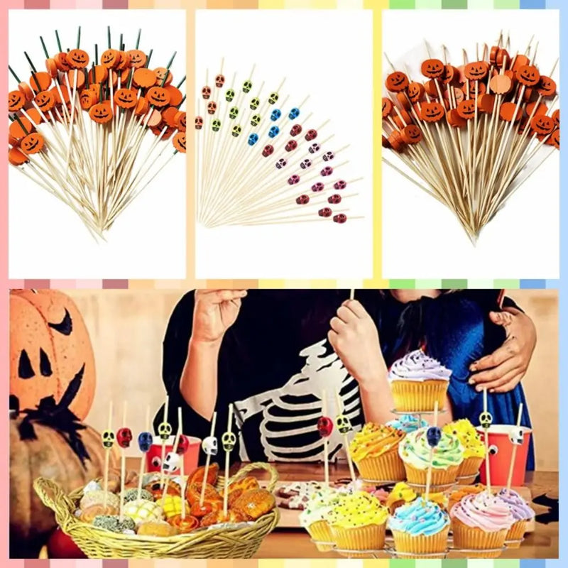 Multifunctional Hygienic Halloween Pumpkin Bamboo Skewers Natural Material Skull Bamboo Stick Smooth Surface Toothpick