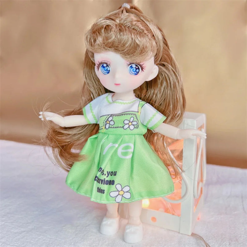 1/8 16CM BJD Doll Ball Jointed Body Anime Eyes Cute Madeup Full Set With Fashion Clothes Headdress DIY Toys For Girl Gift