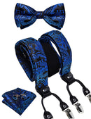 DiBanGu Mens Adjustable Silk Suspenders Bow Tie Cufflinks Pocket Square Set Metal Clips Y back Elastic Braces Wide Strap 3.5CM