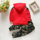 Spring and autumn new toddler boy suit hooded camouflage pocket long sleeve+camouflage casual pants two-piece suit
