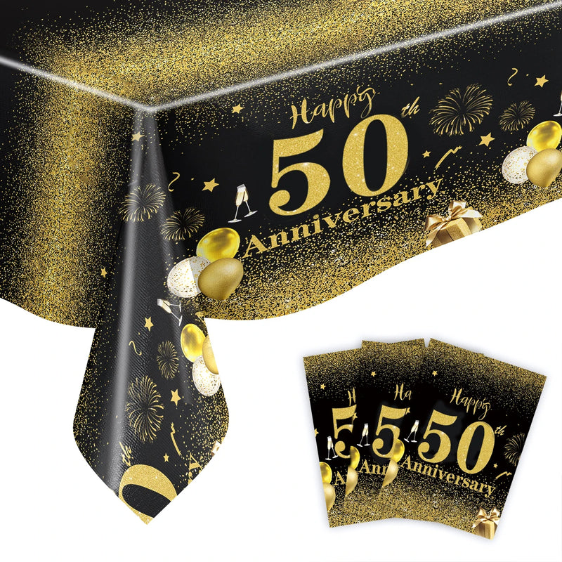 Happy 50th birthday party table supplies, black and gold theme, napkins, 7inch paper cups, tablecloth, plates,  party decoration