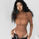 Bodysuits Gym Womens Fancy Simple Soft Buckles Tightable Long Short-Sleeved Bodycon Mock-Neck Suspenders Trendy Comfortable Sexy