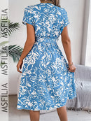 Msfilia Women's Spring Summer V Neck Short Sleeve Button Print A Line All Match Causal Long Dresses