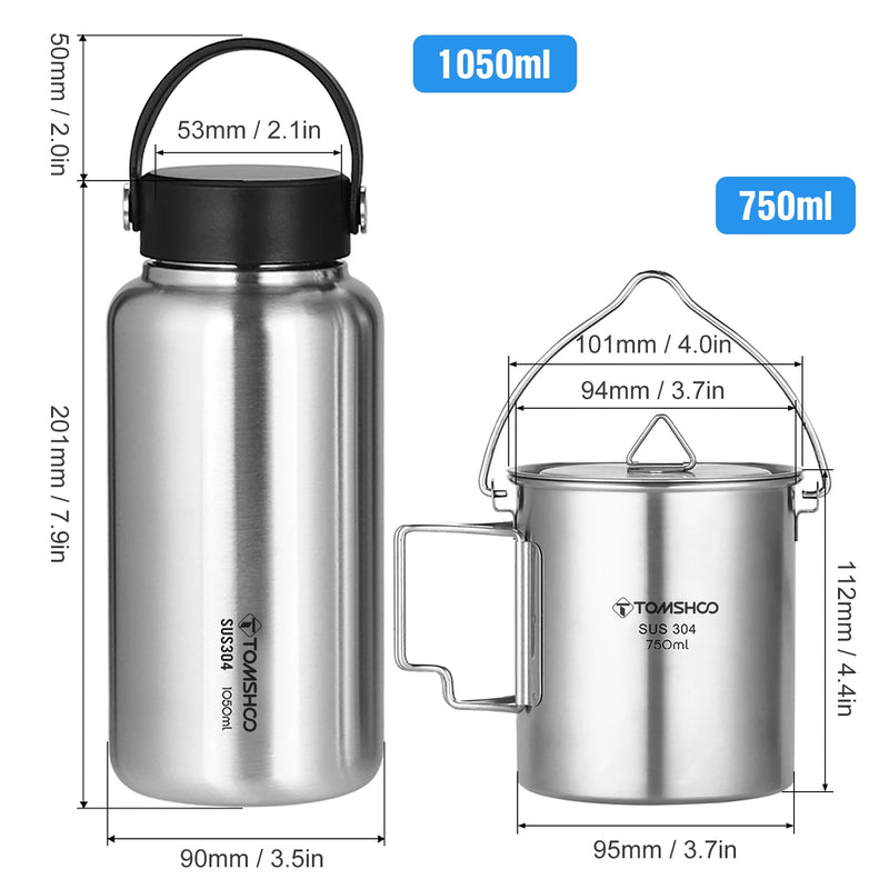 TOMSHOO 1050ml Stainless Steel Water Bottle Leak Proof Sports Kettle with 750ml Cup Coffee Mug Hanging Pot for Camping Hiking