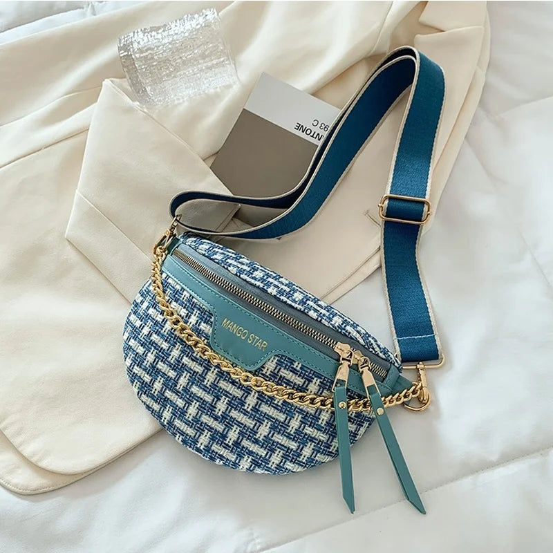 Women's 2023 Summer New Woven Bag Fashion Chest Bag Crossbody Bag Chain Fashion Small Waist Bag hot new