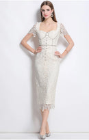 Luxury Crystal Chain Lace Formal Dress Women Summer Vacation Short Sleeve Single Breasted Bead Lace Pencil Long Dresses Evening