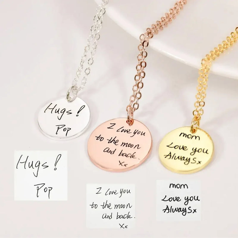 Actual Handwriting Custom Engraved Stainless Steel Round Pendant Necklace Personalization Memorial Signature Gift for Lovers