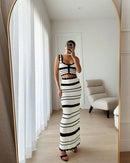 Tossy Striped Contrast Color Knitted Skirt Set 2-piece Summer Backless Casual Vest Top Women's Set 2-piece Sleeveless Skirt Set