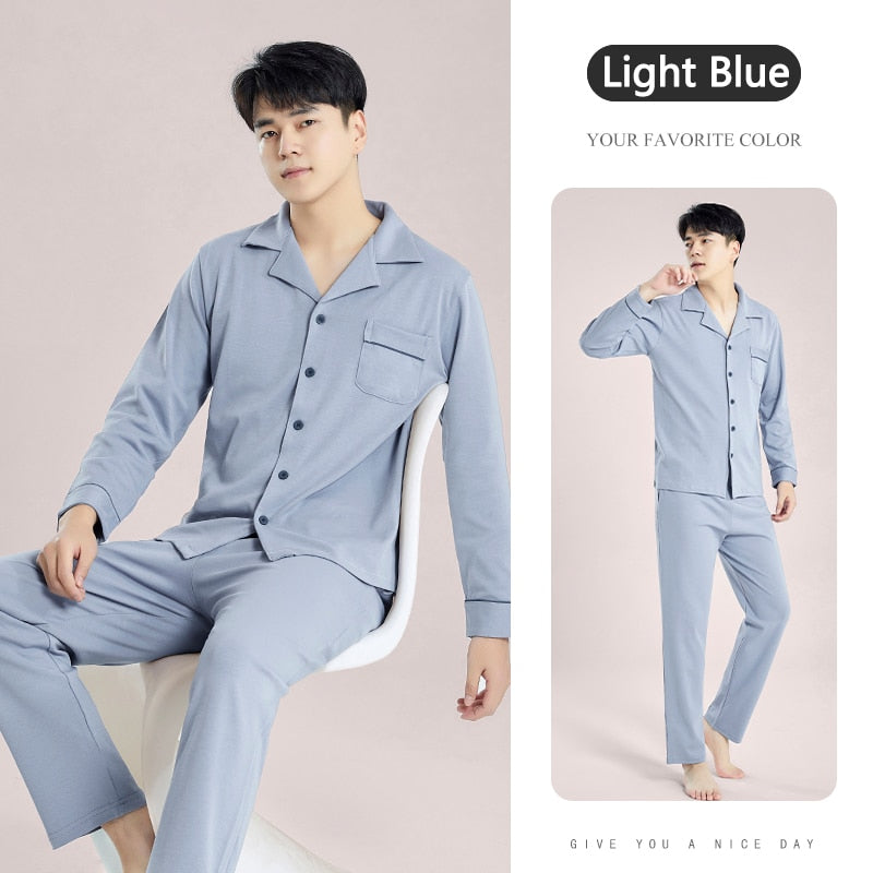 Autumn Winter 100% Cotton Pijama for Men Dormir Lounge Sleepwear Pyjamas Blue Bedgown Home Clothes Man Bedroom PJ Cotton Pajamas