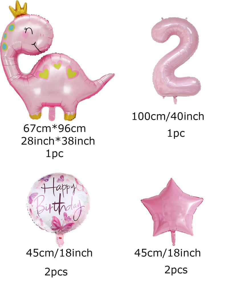 1set Pink Crown Dinosaur Foil Balloons 40 Inch Number Helium Balloon Baby Girl Children‘s Birthday Party Decorations Kids’