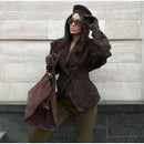 Women Fashion V-neck Lapel Belt Leather Jacket Chic Lace Up High Waist Full Sleeve Overcoat 2025 Lady Autumn High Street Outwear