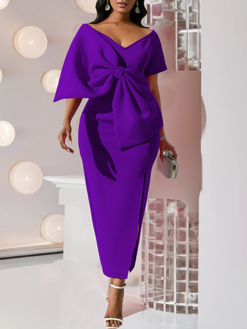 AOMEI Abendkleid Lang Figurbetont Elegant Sexy V-Ausschnitt Kurzarm Hoher Schlitz Club Abend Afrikanische Damenkleider Große Größen Neu